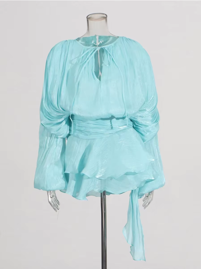 Solid Blouse V Neck Long Sleeve Spliced Lace Up Sweet Style Dresses - Image 12