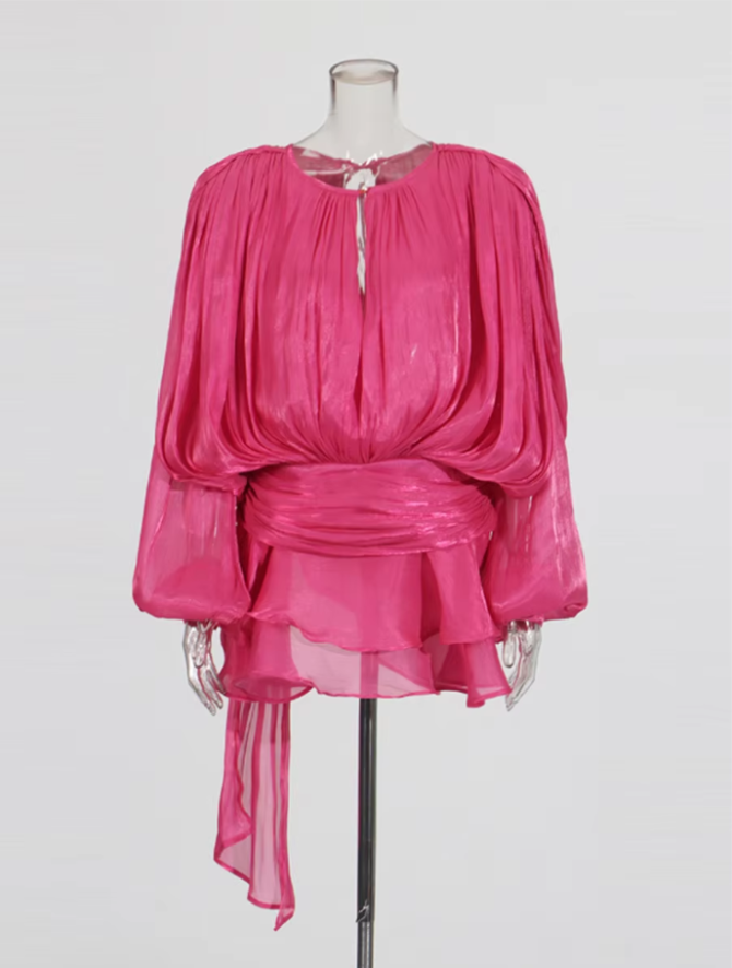 Solid Blouse V Neck Long Sleeve Spliced Lace Up Sweet Style Dresses - Image 3