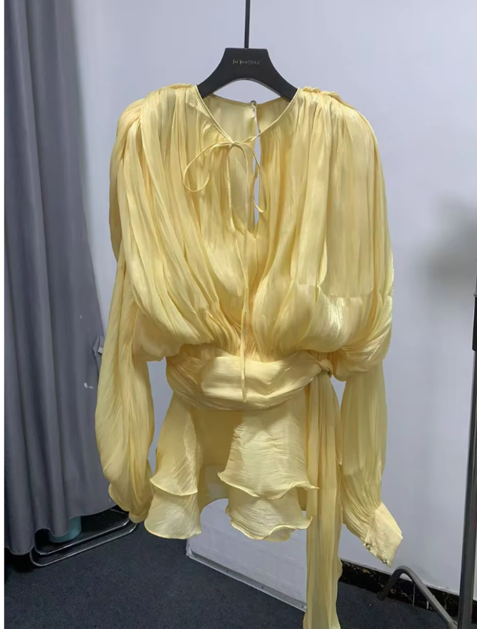 Solid Blouse V Neck Long Sleeve Spliced Lace Up Sweet Style Dresses - Image 2