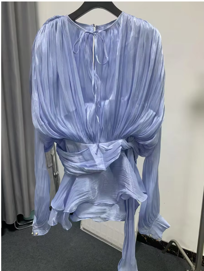Solid Blouse V Neck Long Sleeve Spliced Lace Up Sweet Style Dresses - Image 11