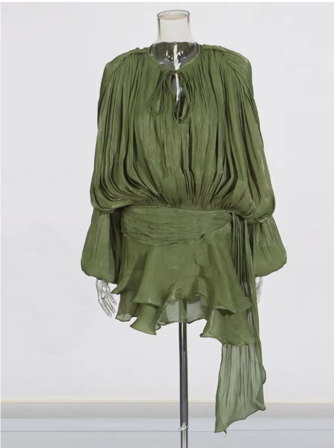 Solid Blouse V Neck Long Sleeve Spliced Lace Up Sweet Style Dresses - Image 15