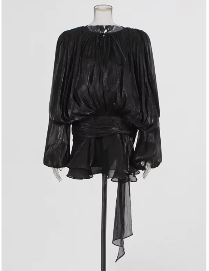 Solid Blouse V Neck Long Sleeve Spliced Lace Up Sweet Style Dresses - Image 14