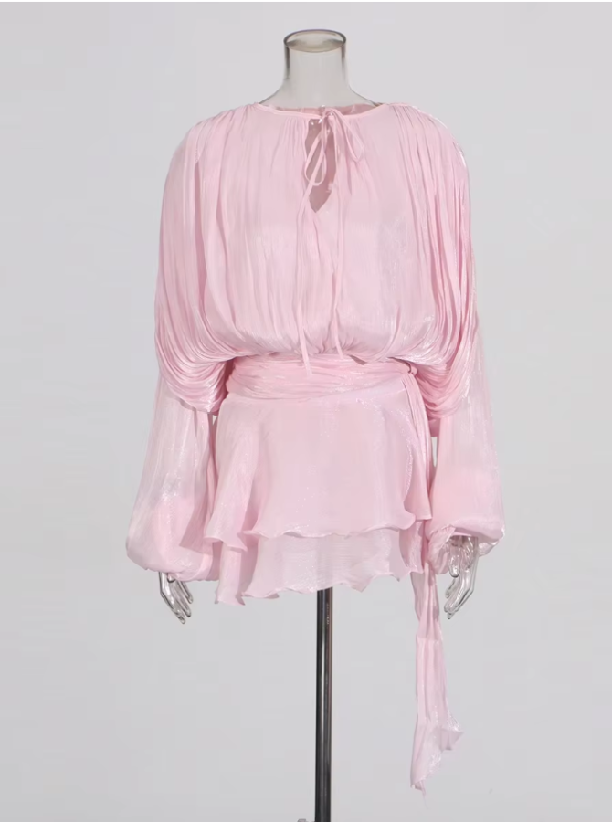 Solid Blouse V Neck Long Sleeve Spliced Lace Up Sweet Style Dresses - Image 8