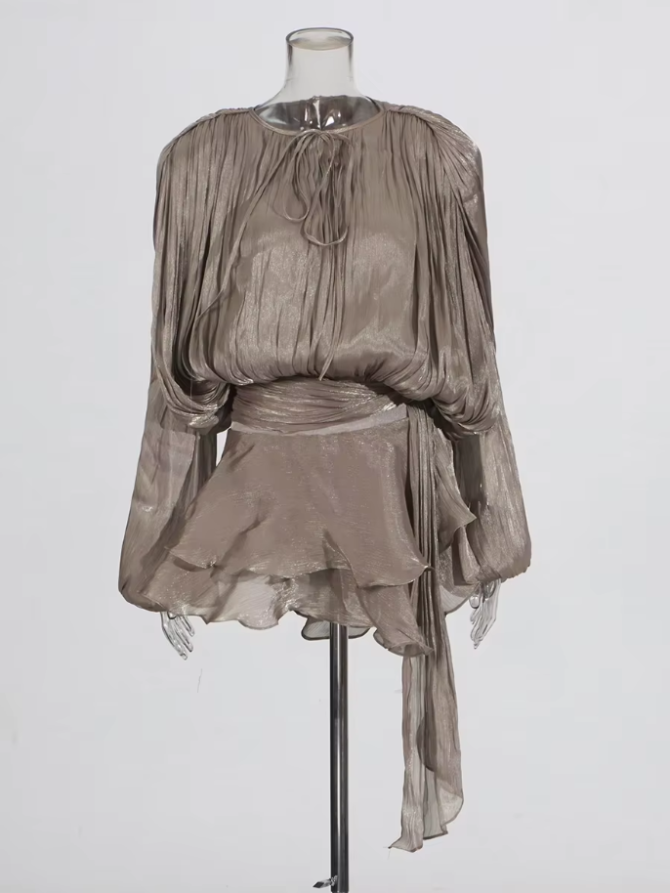 Solid Blouse V Neck Long Sleeve Spliced Lace Up Sweet Style Dresses - Image 7
