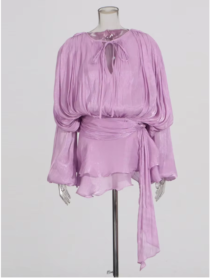 Solid Blouse V Neck Long Sleeve Spliced Lace Up Sweet Style Dresses - Image 5