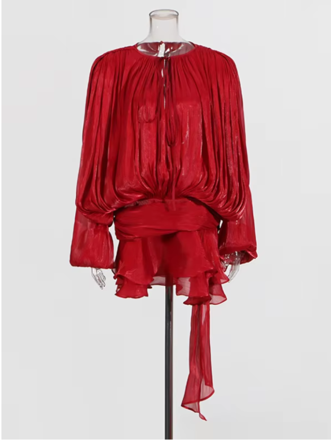 Solid Blouse V Neck Long Sleeve Spliced Lace Up Sweet Style Dresses - Image 4