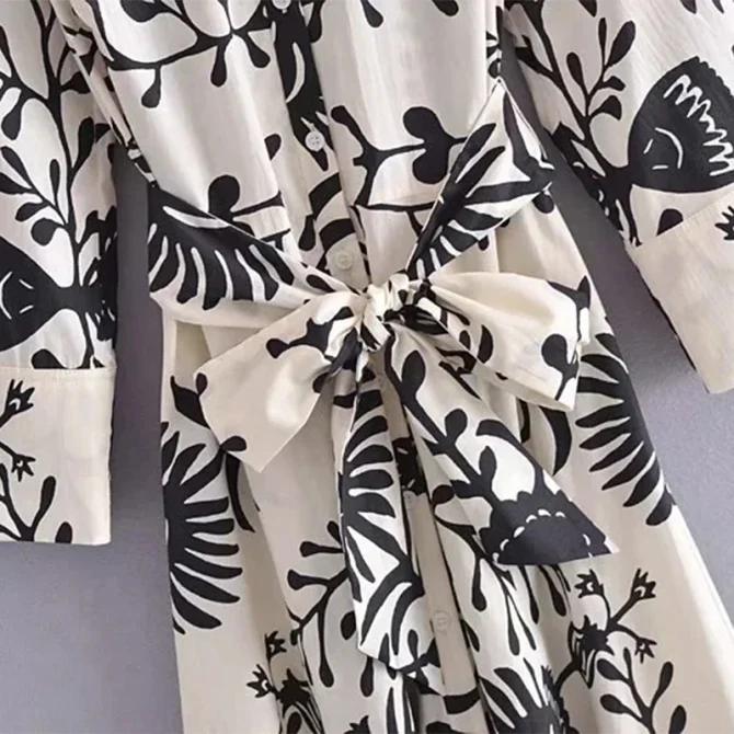 Women Elegant A Line Midi Dress With Belt Vintage Long Sleeve Print Flower - Image 4