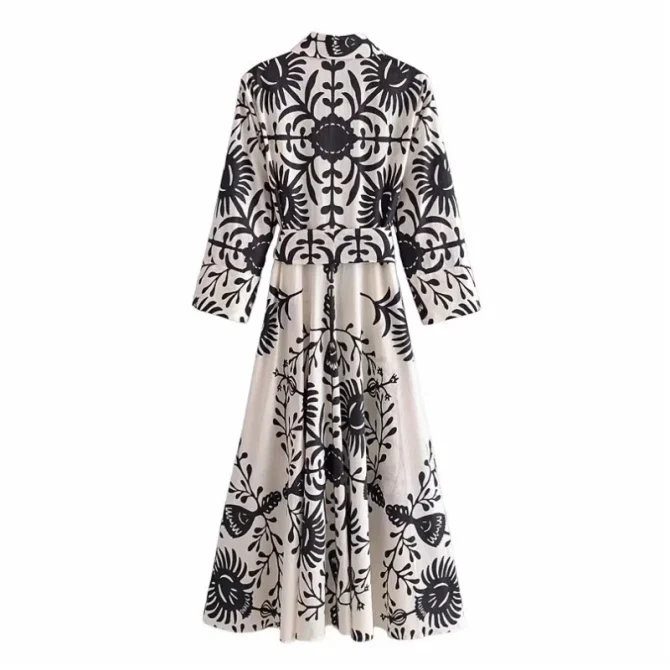Women Elegant A Line Midi Dress With Belt Vintage Long Sleeve Print Flower - Image 2