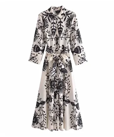 Women Elegant A Line Midi Dress With Belt Vintage Long Sleeve Print Flower