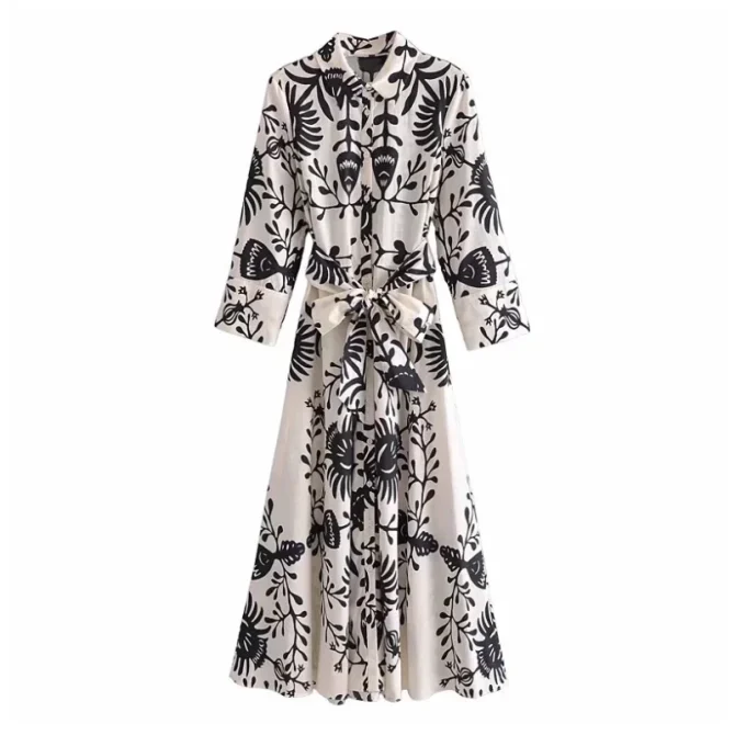 Women Elegant A Line Midi Dress With Belt Vintage Long Sleeve Print Flower