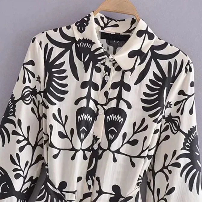 Women Elegant A Line Midi Dress With Belt Vintage Long Sleeve Print Flower - Image 3