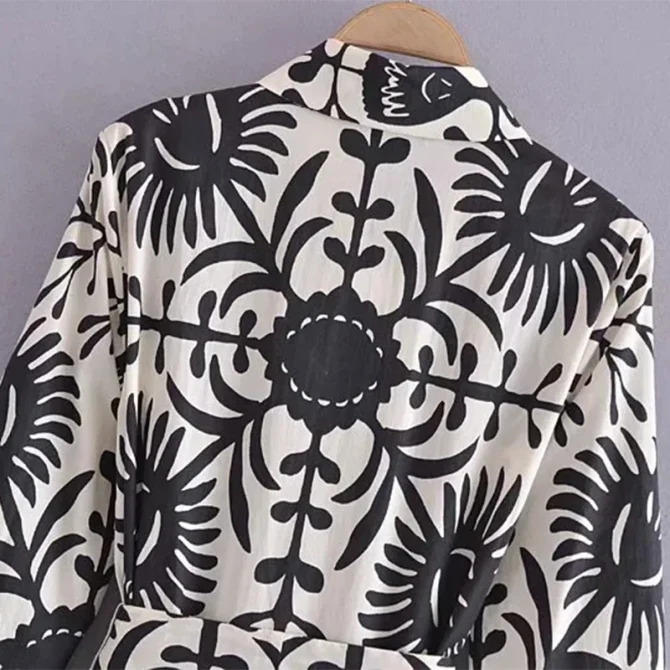 Women Elegant A Line Midi Dress With Belt Vintage Long Sleeve Print Flower - Image 5