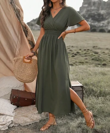 Summer Fashion 2025 Plain Side Slit Nipped Waists Short Sleeve V-Neck A Line Midi Vacation Dresses