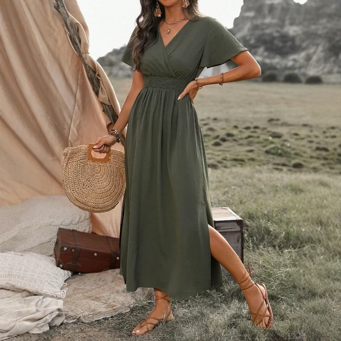 Summer Fashion 2025 Plain Side Slit Nipped Waists Short Sleeve V-Neck A Line Midi Vacation Dresses