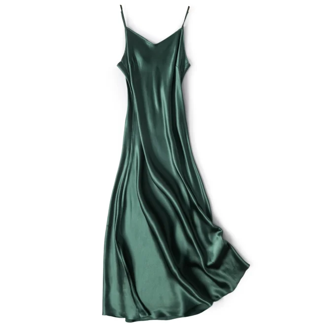 Natural Mulberry Silk Plain Satin French V-neck Diagonal Cut Women's Sexy Solid Suspender Dress - Image 10