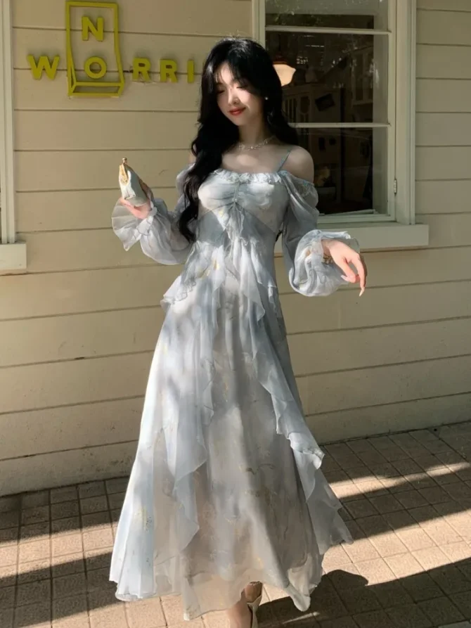 Summer Elegant Print Fairy Long French Off-shoulder Ruffles A-Line Birthday Party Dresses - Image 2