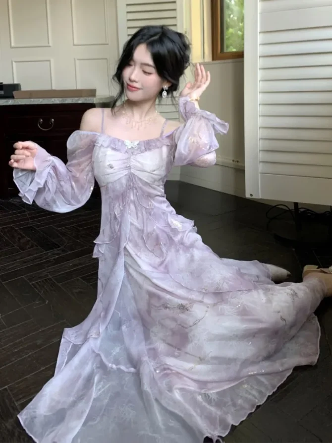 Summer Elegant Print Fairy Long French Off-shoulder Ruffles A-Line Birthday Party Dresses - Image 3