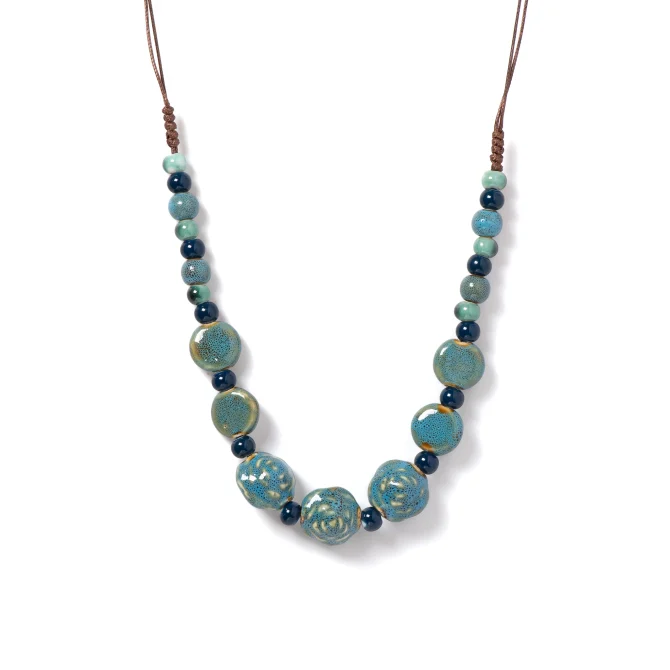 Blue Rose Handmade Ceramic Adjustable Long Pendant Necklaces