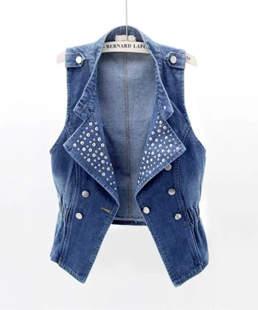 Vintage Blue Rivet Stand Collar Denim Sleeveless Jeans Jacket