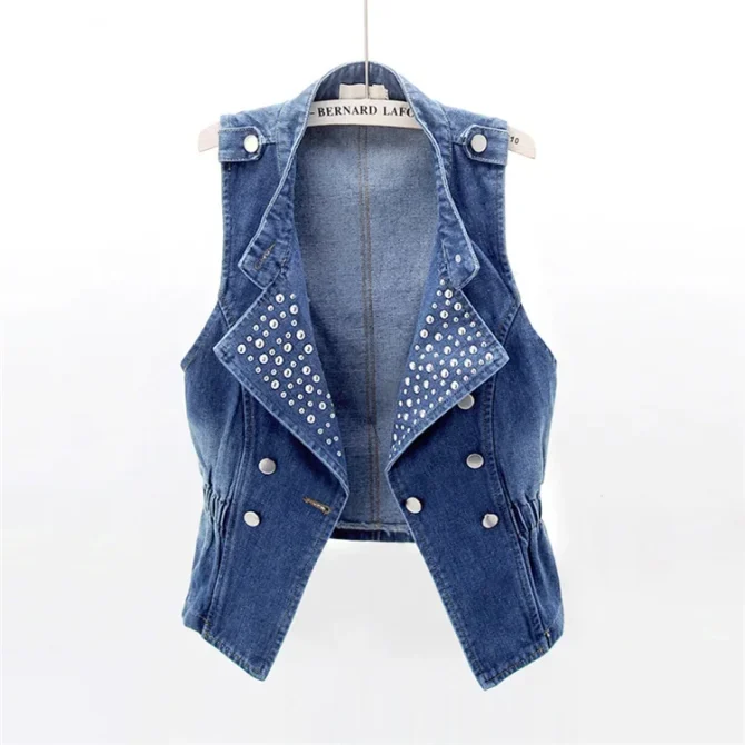 Vintage Blue Rivet Stand Collar Denim Sleeveless Jeans Jacket