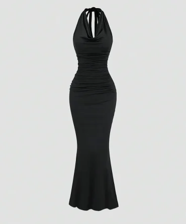 Mia Muse Summer Elegant Plain Evening Formal Sleeveless Halter Neck Skinny Fit Lace-Up Dresses