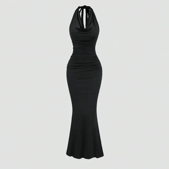 Mia Muse Summer Elegant Plain Evening Formal Sleeveless Halter Neck Skinny Fit Lace-Up Dresses