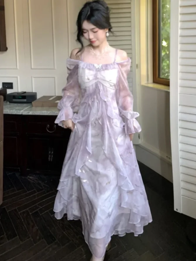 Summer Elegant Print Fairy Long French Off-shoulder Ruffles A-Line Birthday Party Dresses