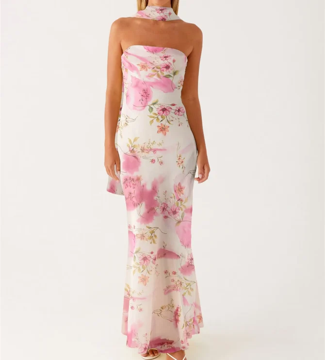 Womens Floral Strapless Y2k Backless Tube Long Dresses - Image 4