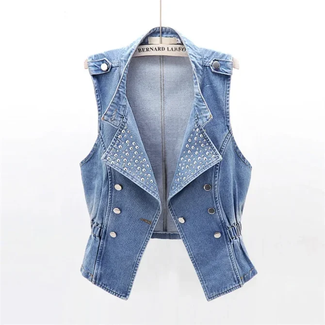 Vintage Blue Rivet Stand Collar Denim Sleeveless Jeans Jacket - Image 2