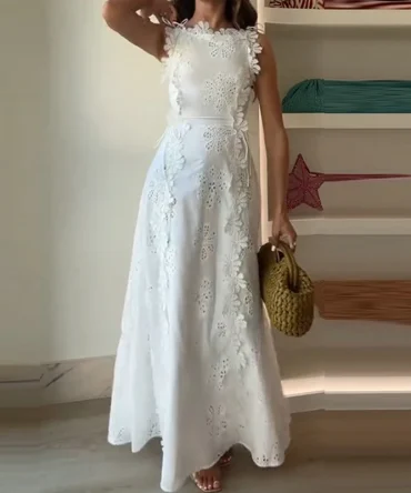 New Solid Color Lace Embroidery Trendy Sleeveless Women White Elegant Dresses