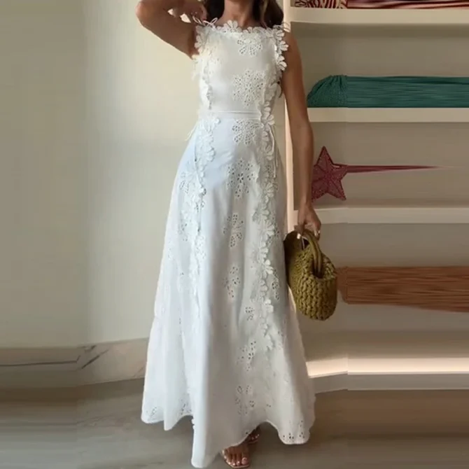 New Solid Color Lace Embroidery Trendy Sleeveless Women White Elegant Dresses