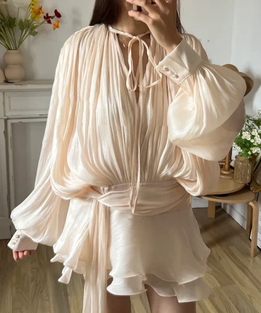 Solid Blouse V Neck Long Sleeve Spliced Lace Up Sweet Style Dresses