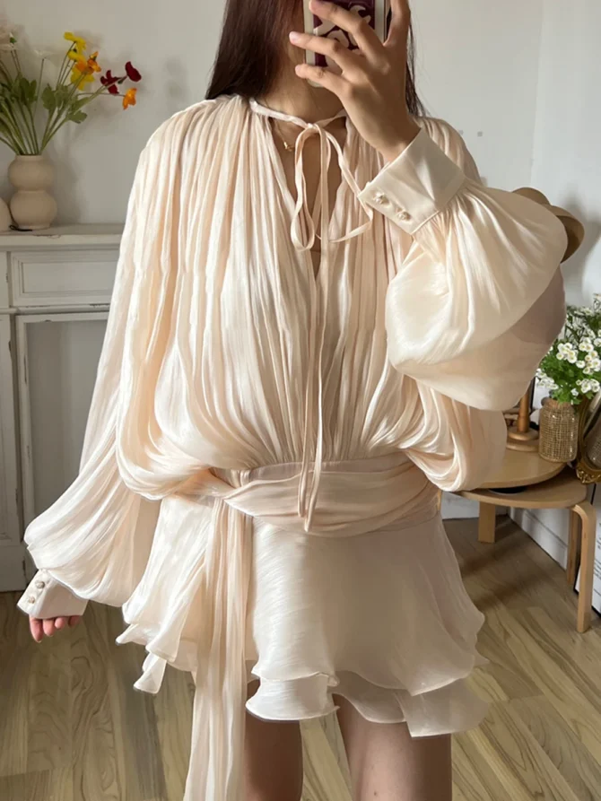 Solid Blouse V Neck Long Sleeve Spliced Lace Up Sweet Style Dresses
