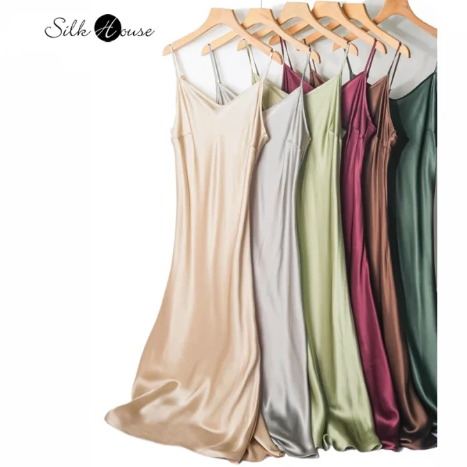 Natural Mulberry Silk Plain Satin French V-neck Diagonal Cut Women's Sexy Solid Suspender Dress