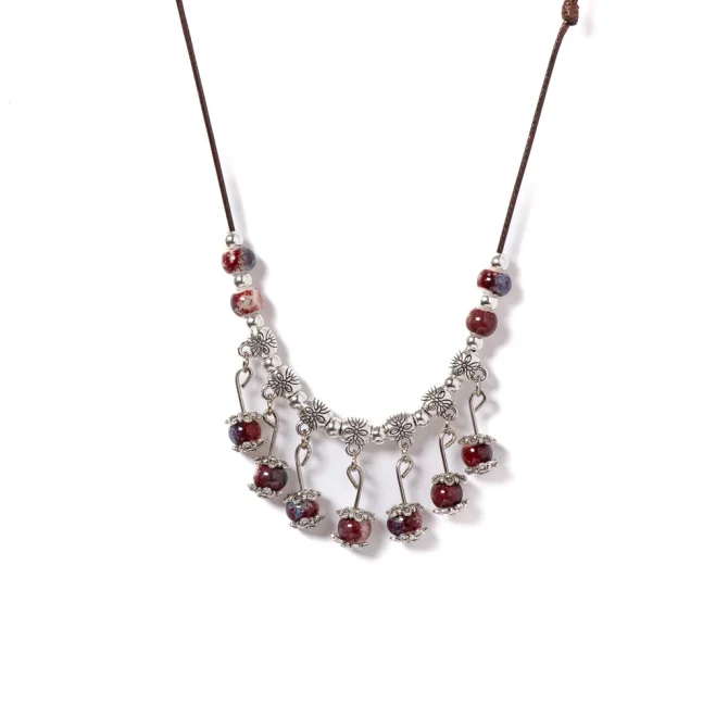 Handmade Ceramic Beaded Necklace Adjustable Vintage Ethnic Floral Pendant Jewelries - Image 2