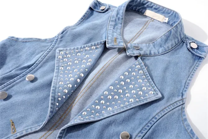 Vintage Blue Rivet Stand Collar Denim Sleeveless Jeans Jacket - Image 4