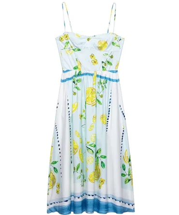 Women Fashion Printed Pleated Back Bow Lace Up Zipper Midi Dresses