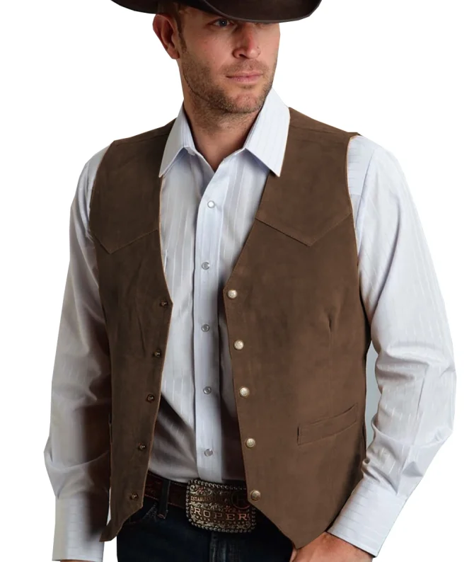 Brown Vest Men's Formal Business Suit Suede Waistcoat Groomsmen For Wedding New Cowboy - Image 5