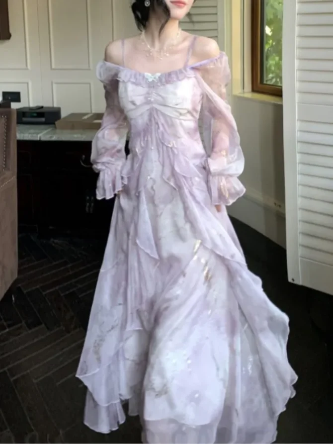 Summer Elegant Print Fairy Long French Off-shoulder Ruffles A-Line Birthday Party Dresses - Image 4