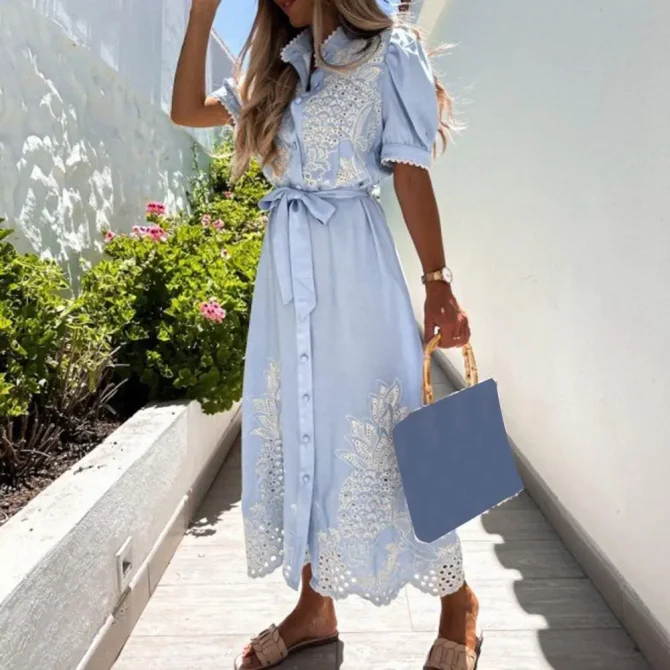 Lace-up Summer Elegant Single Breasted Puff Sleeve Maxi Dresses