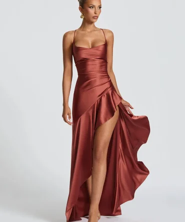Articat Elegant Spaghetti Strap Satin Split Sexy Backless Dresses