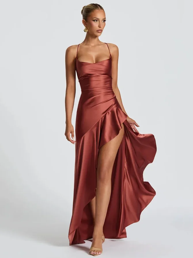 Articat Elegant Spaghetti Strap Satin Split Sexy Backless Dresses