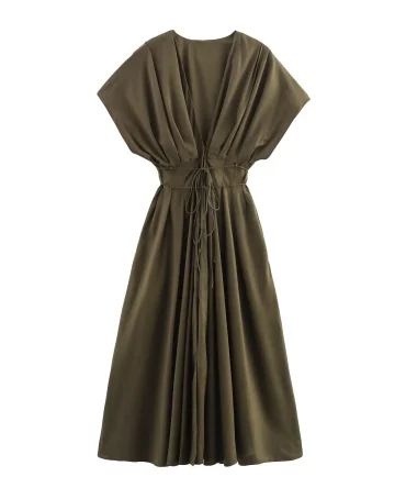 New Summer Women's Casual Fashion Pleated Drop-shoulder Short Sleeve V-neck Midi Long Dress