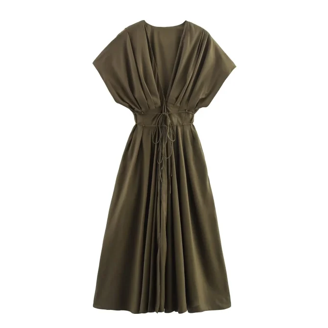 New Summer Women's Casual Fashion Pleated Drop-shoulder Short Sleeve V-neck Midi Long Dress