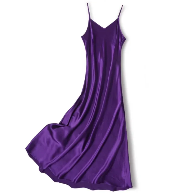 Natural Mulberry Silk Plain Satin French V-neck Diagonal Cut Women's Sexy Solid Suspender Dress - Image 5