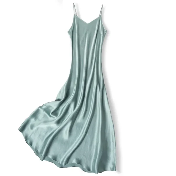 Natural Mulberry Silk Plain Satin French V-neck Diagonal Cut Women's Sexy Solid Suspender Dress - Image 4