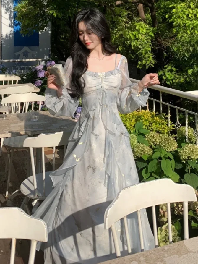 Summer Elegant Print Fairy Long French Off-shoulder Ruffles A-Line Birthday Party Dresses - Image 5