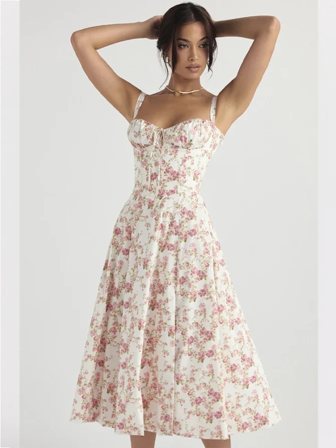 Floral Printed Women Summer Elegant Solid Slim Sleeveless Slip Dresses