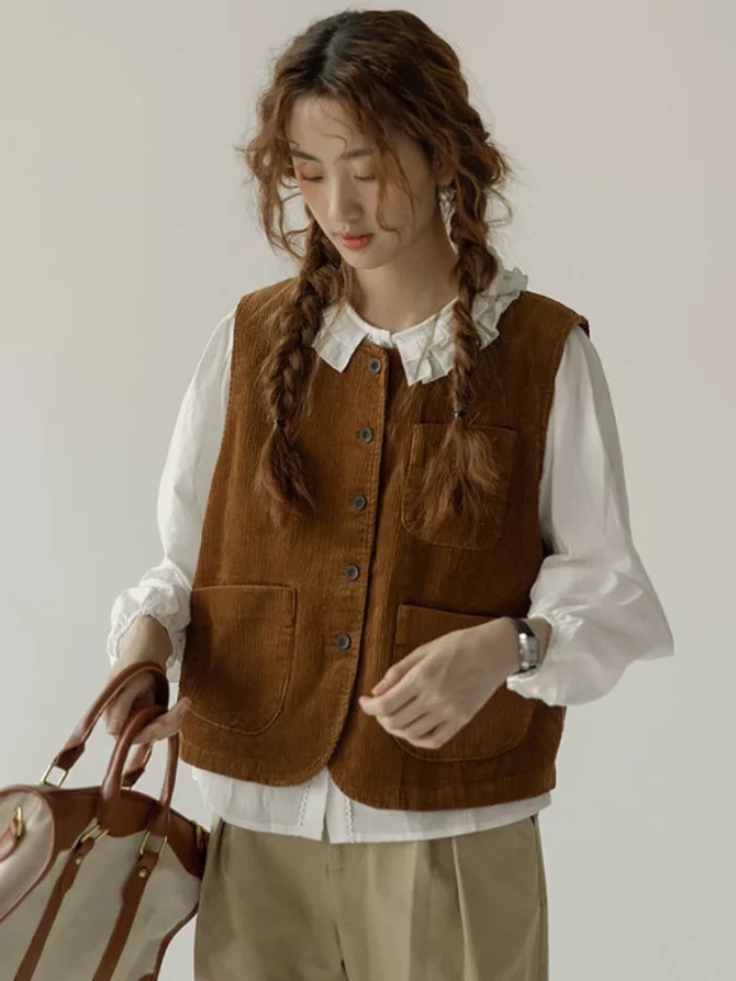 Japanese Style Solid All-match Comfortable Corduroy Design Warm Simple Vests - Image 3