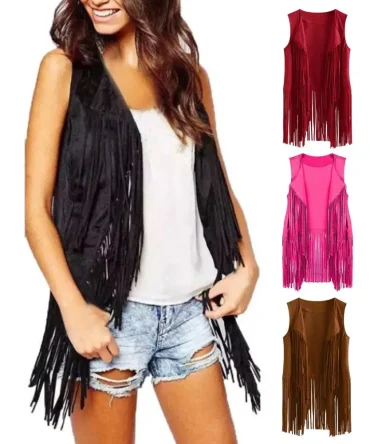 Women Cardigan Tassel Fringed Vintage Western Cowboy Cosplay Sleeveless Stage Vest